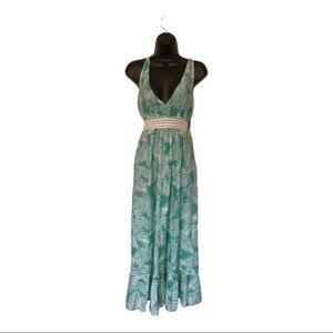 Green white floral open back halter beach cover up crochet maxi dress size small